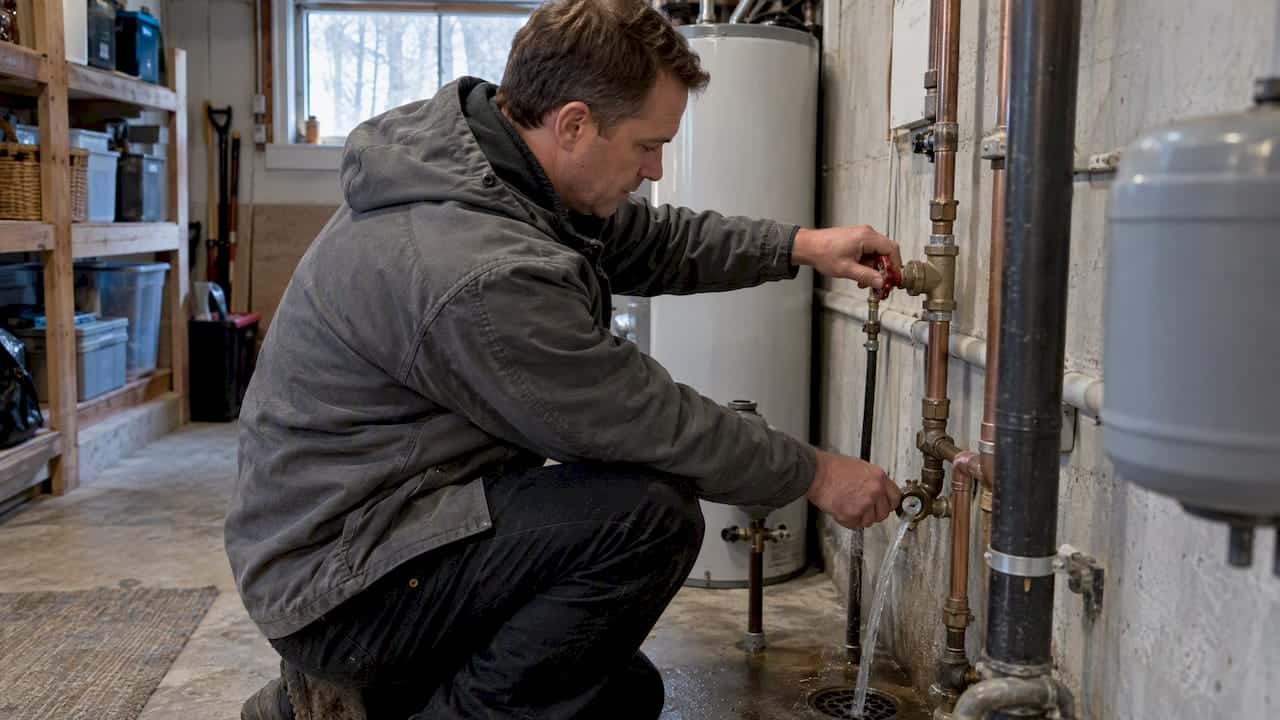 Homeowner draining cottage plumbing for winter