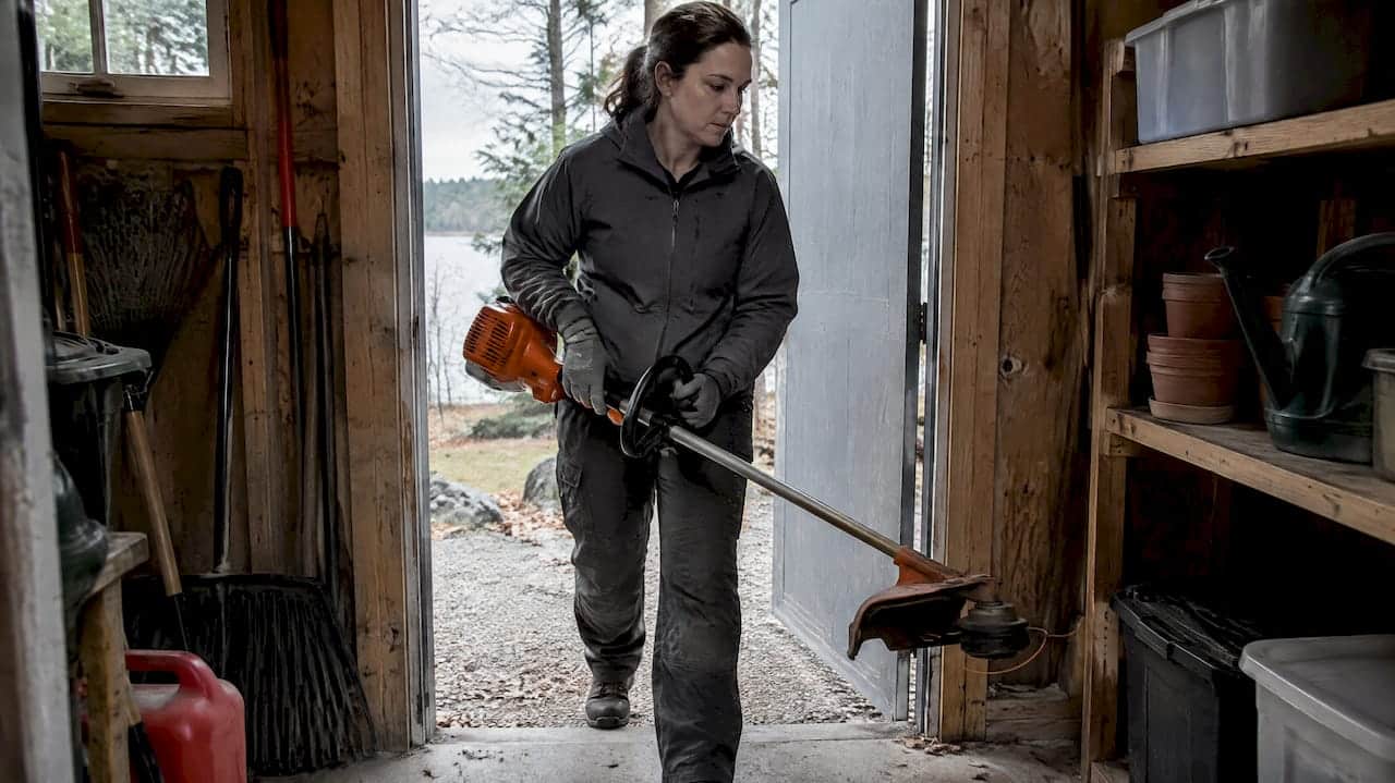 Garden trimmer stored in a cottage shed